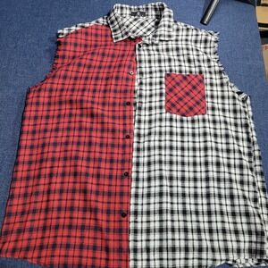 MCULIVOD Mens XL Red Black White Plaid Patchwork Sleeveless Shirt